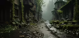 dark streets covered in rain next to houses