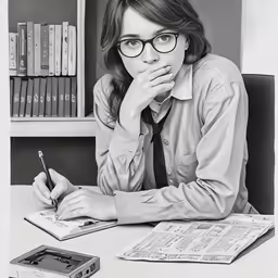 a black and white photo of a woman in a library