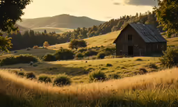 an old wooden barn on the side of a hill