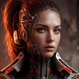 a woman with an ornate headpiece and robotic facial hair