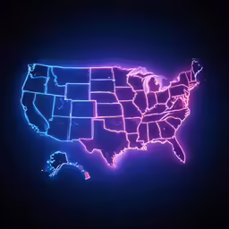 a neon map of the usa with some stars