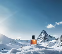 an orange bottle is in the snow by some mountains
