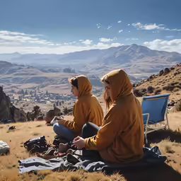 two people in yellow jackets sitting on a grassy hill