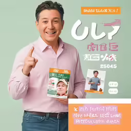 a man with a pink shirt holding up an orange book