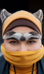 a person in a yellow hat and some white animal hair on