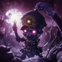 a mechanical skeleton robot with red eyes and a glowing helmet