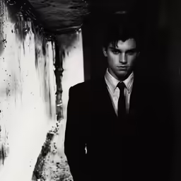 a man in suit standing near a wall with an empty wall