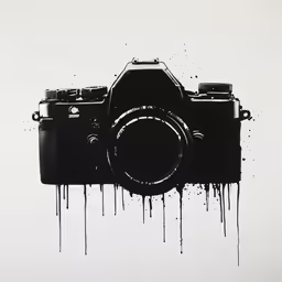 a camera with dripping paint on it in front of a wall