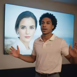 a man holding his hands out in front of a large screen