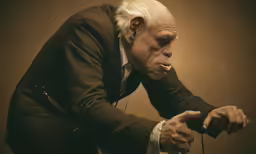 a man in black jacket and white hair smoking