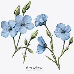 a blue flower that is in the center of two different flowers,four blue flowers with green leaves on top