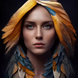 an artistic portrait of a woman in costume, with yellow feathers on her head