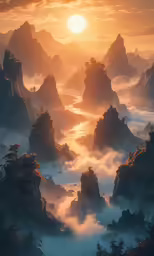 the sun setting over an overcast mountain range in the fog