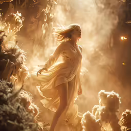 a woman in a dress walking through a dark forest