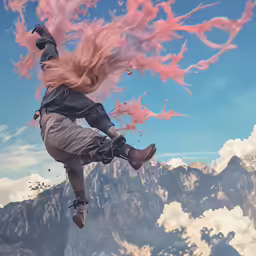 a woman flying through the air while riding on top of a skateboard