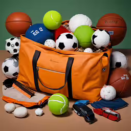 the bags and tennis balls are full of sport balls,many different balls and a sports bag on a table