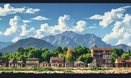 a river runs through a town with a mountain in the background