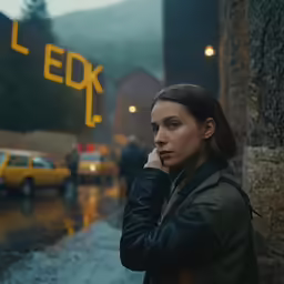 a young woman is standing on the street outside