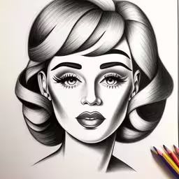 a drawing of a woman with her hair styled like a curly bob bob bob bob bob bob,drawing of a woman