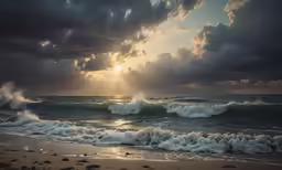 a sun shines brightly through the dark clouds over the ocean