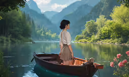 a woman standing on a boat looking out over the water,woman standing on a small boat on the river