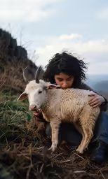 a woman with her arms around a horned sheep