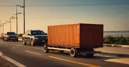 two trucks towing a box van and another truck,two trucks driving on the road near power lines