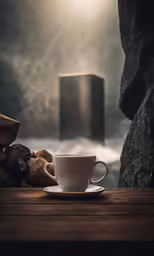 a coffee cup with a saucer on a table
