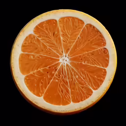 an orange is shown sliced in half on a black background