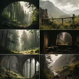 several different views of a mountain and trees