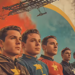 the fantastic three looking up at a rocket ship