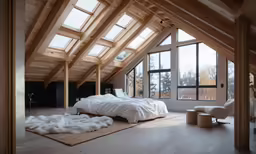 a bedroom with a skylight and large windows