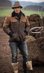 a man wearing a hat and brown jacket standing in dirt