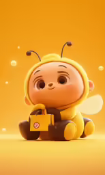 a little character sitting in front of a yellow background