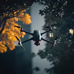 a small flying black airplane is in the air