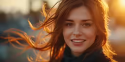 a beautiful woman with hair flying in the wind