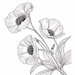 a black and white drawing of flowers on a branch,the two flowers are drawing with an ink pen