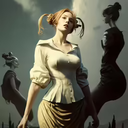 this is an animated picture of a woman looking back at a man with a suit on
