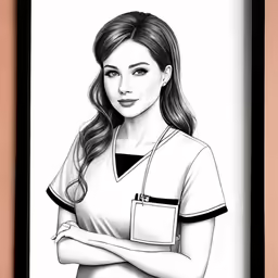 a drawing of a girl with long brown hair in a scrub scrub suit