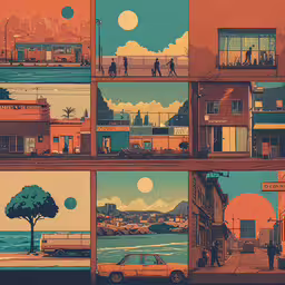 several different images with people walking around them,a poster showing the city scene with people walking around and talking