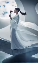a woman is shown with a flower and some water