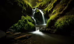 a stream flowing over rocks to a forest