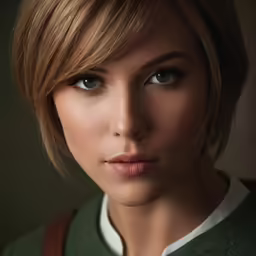 a woman with short blonde hair wearing a green shirt