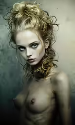 a very young naked woman with an extremely large breast