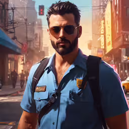 the man in the blue shirt is walking down the street,the image shows a character in a video game with sunglasses and a backpack