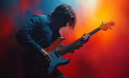 a man is holding an electric guitar and playing