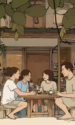 two people and one child sitting at a table with drinks