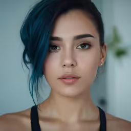 a woman with dark blue hair is looking at the camera