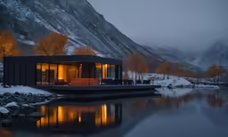 a home is next to the mountain lake with a boat