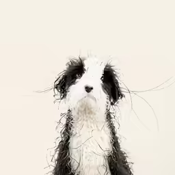 a black and white dog with long hair